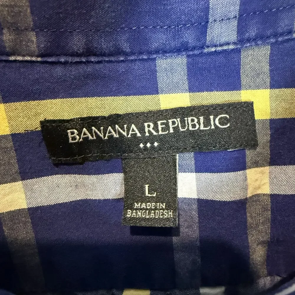 Banana Republic Shirt Mens Large Blue Check Tartan Cotton Slim Fit Button Up‎